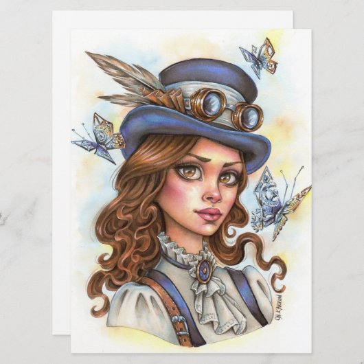 スティームパンクガールファンタジー女性魔術師アートカード (正面/裏面)