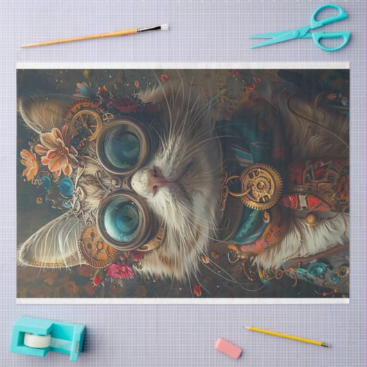 スティームパンクキャットガーディアンティール（緑がかった色）オレンジデクページ 薄葉紙 (クラフト)