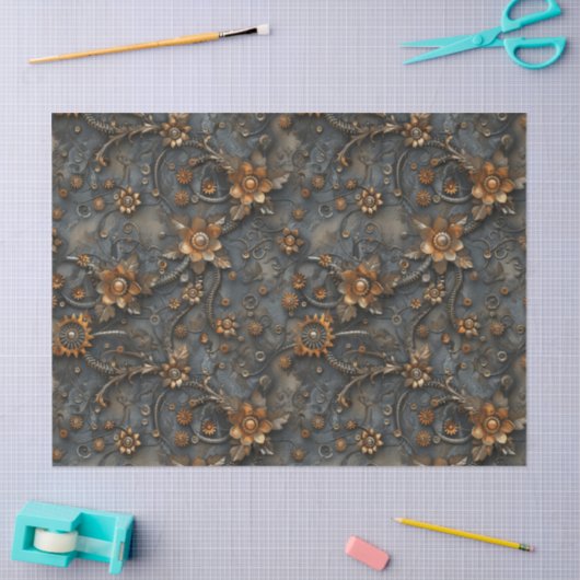 スティームパンクギアと春の花のデコページ 薄葉紙 (クラフト)