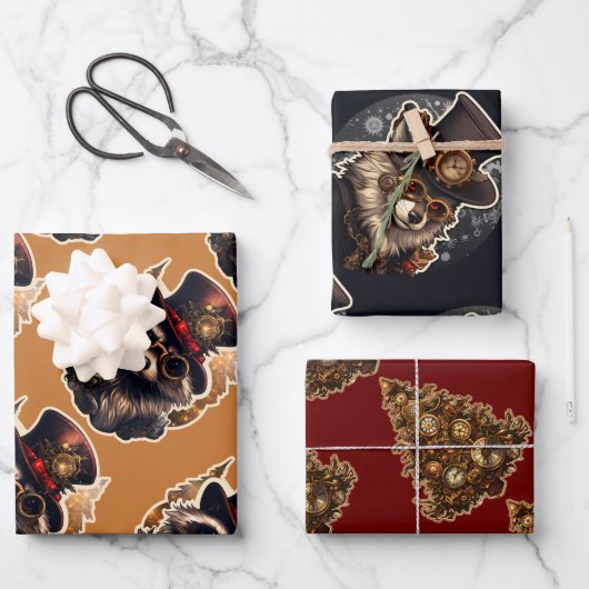 スティームパンククリスマスツリーウルフラクーン3個のアパタン ラッピングペーパーシート (正面)