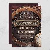 スティームパンククロックワークヴィンテージ誕生日パーティー 招待状 (正面/裏面)