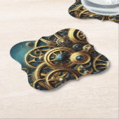 スティームパンククロック金ゴールドとティール（緑がかった色） ペーパーコースター (アングル)