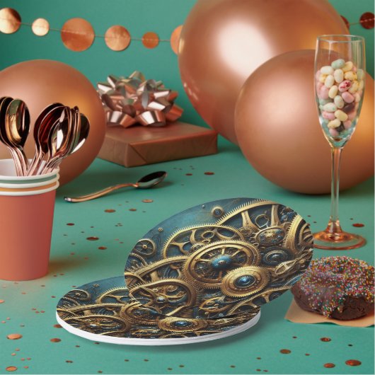 スティームパンククロック金ゴールドとティール（緑がかった色） ペーパープレート (複数)