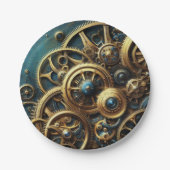 スティームパンククロック金ゴールドとティール（緑がかった色） ペーパープレート (正面)