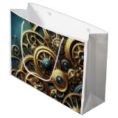 スティームパンククロック金ゴールドとティール（緑がかった色） ラージペーパーバッグ (正面アングル)