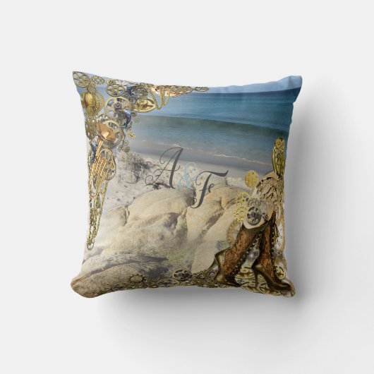 スティームパンクゴールデン赤面&パウダーブルー結婚ズギフト クッション (正面)