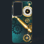 スティームパンクスタイルの拡大鏡 SAMSUNG GALAXY S21 ULTRAケース<br><div class="desc">緑の背景に金色の柄と凸アンティークを持つ金ゴールドギアとアンティーク時計。ステームパンクスタイル。</div>