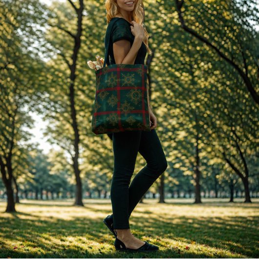 スティームパンクスノーフレークレッドアンドグリーンタータンチェック トートバッグ