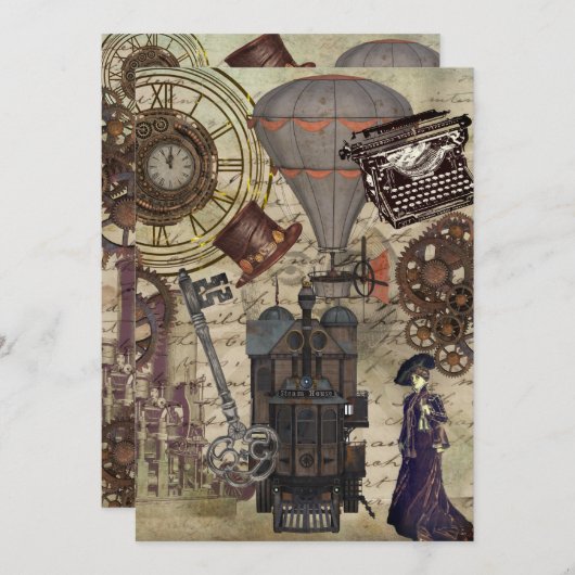 スティームパンクパーティーヴィンテージ産業ビクトリアン芸術 招待状 (正面/裏面)
