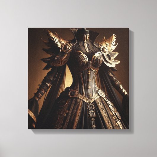 スティームパンクビクトリアンブラックと金ゴールド皇后陛下ガウン キャンバスプリント (正面)