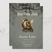 スティームパンクフェアリーとゴールデンウィングス&アンティーク時計 招待状 (正面/裏面)