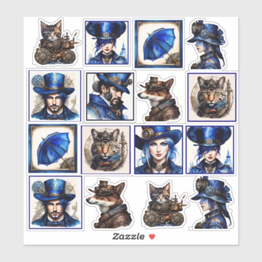 スティームパンクブルーと金ゴールド水彩色ビニールステッカー シール (シート)