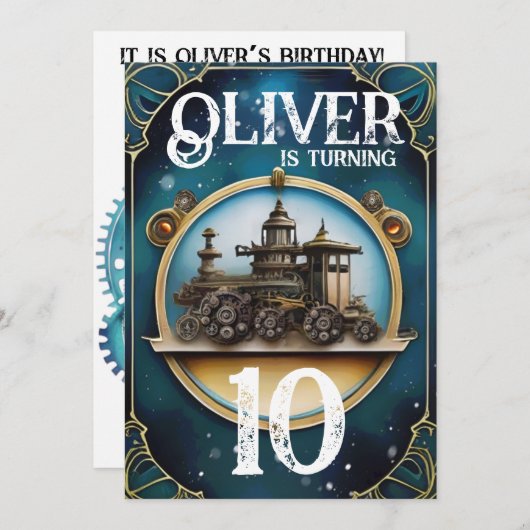 スティームパンクブルーカッパーバースデーパーティー 招待状 (正面/裏面)