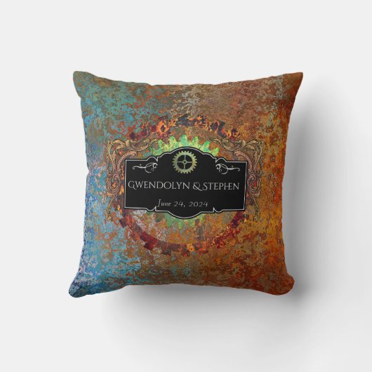 スティームパンクヴィンテージパーソナライズされた結婚式 クッション (裏面)