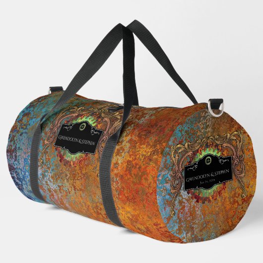 スティームパンクヴィンテージパーソナライズされた結婚式 ダッフルバッグ (左コーナー)