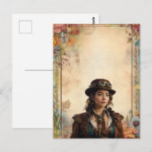 スティームパンク女性とヴィンテージフローラ文房具 ポストカード (正面/裏面)