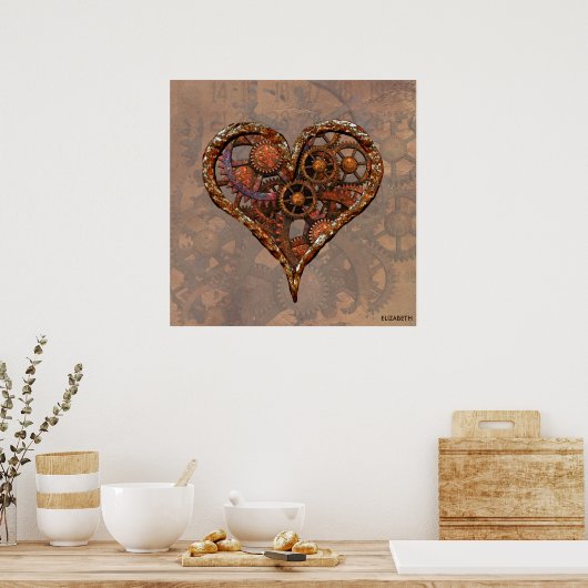 スティームパンク錆びたヴィンテージハートからの金属ギア ポスター (キッチン)