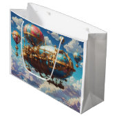 スティームパンク飛行船と空の風船 ラージペーパーバッグ (正面アングル)