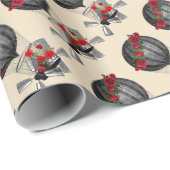 スティームパンク飛行船と赤いバラのクリスマスパターン ラッピングペーパー (ロールコーナー)