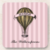 スティームパンク飛行船オンヴィンテージピンクストライプズMonogram コースター (正面)