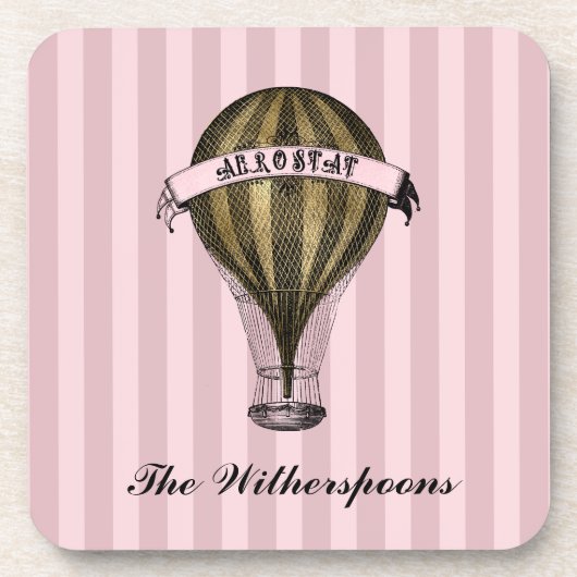 スティームパンク飛行船オンヴィンテージピンクストライプズMonogram コースター (正面)