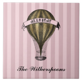 スティームパンク飛行船オンヴィンテージピンクストライプズMonogram タイル