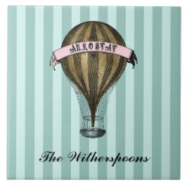 スティームパンク飛行船ヴィンテージグリーンストライプシズモノグラム タイル