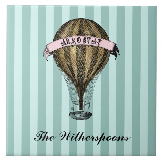 スティームパンク飛行船ヴィンテージグリーンストライプシズモノグラム タイル (正面)