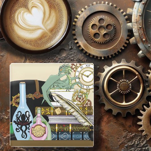 スティームパンク・ドラゴンのポションズ・ブックス ガラスコースター