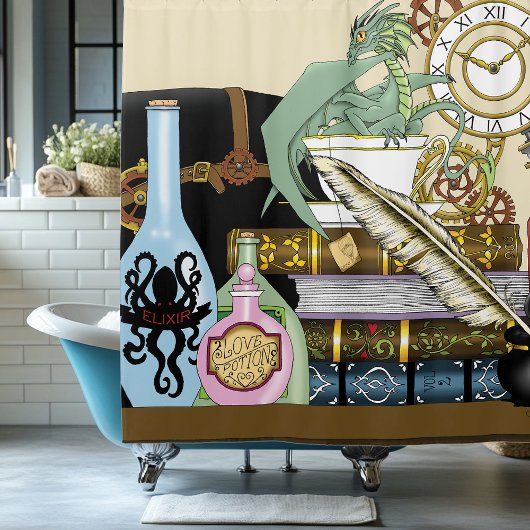 スティームパンク・ドラゴンのポションズ・ブックス シャワーカーテン