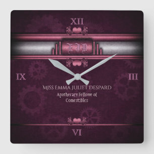 スティームパンク,ピンクのハートとギア,モノグラム スクエア壁時計