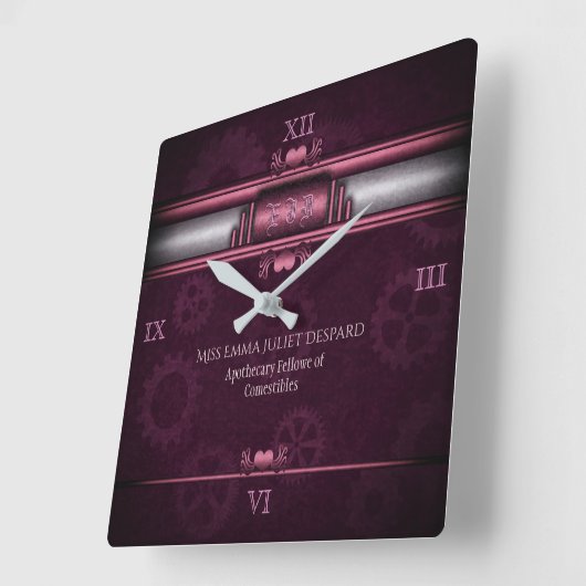 スティームパンク,ピンクのハートとギア,モノグラム スクエア壁時計 (傾斜)