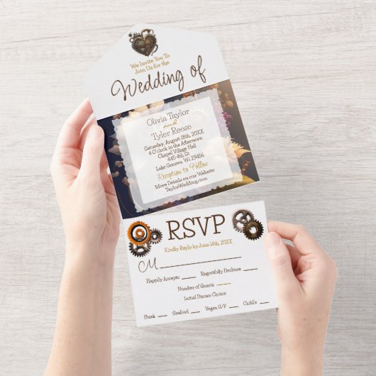 スティームパンク、花と羽結婚の オールインワン招待状 (貼ってはがせる)