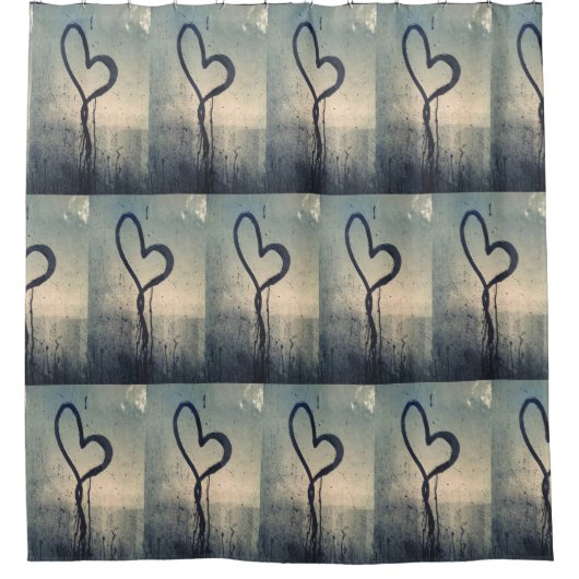 スティームーハートフォトグラフィックスブルーとベージュ シャワーカーテン (正面)