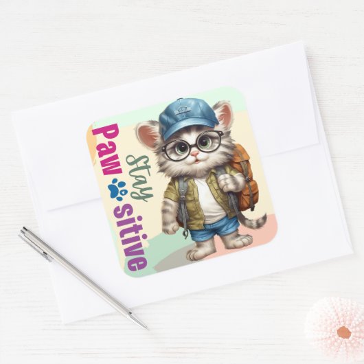 ステイかわいい猫バックパックを着て スクエアシール (封筒)