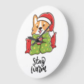 ステイウォームクリスマスコルギサンタハットホリデー ラージ壁時計 (傾斜)