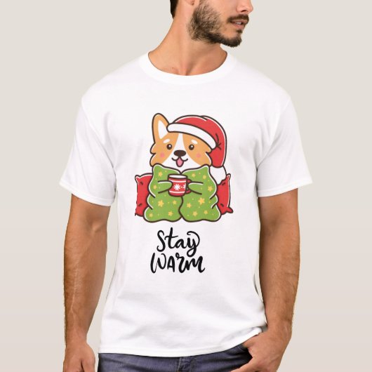 ステイウォームクリスマスコルギサンタハットホリデー Tシャツ (正面)