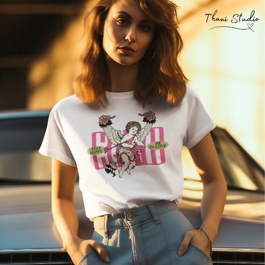 ステイハッピーブインラブキューピッドバレンタインヴィンテージ Tシャツ