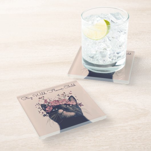 ステイワイルドフラワーチャイルドキャットフローラボー ガラスコースター (アングル)