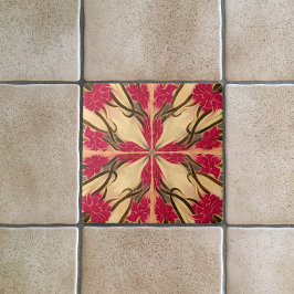 ステイングラスルックアールヌーボーピンクフローラルパターン タイル