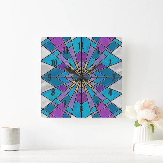 ステイングラスレイブルーとパープル スクエア壁時計 (ホーム)