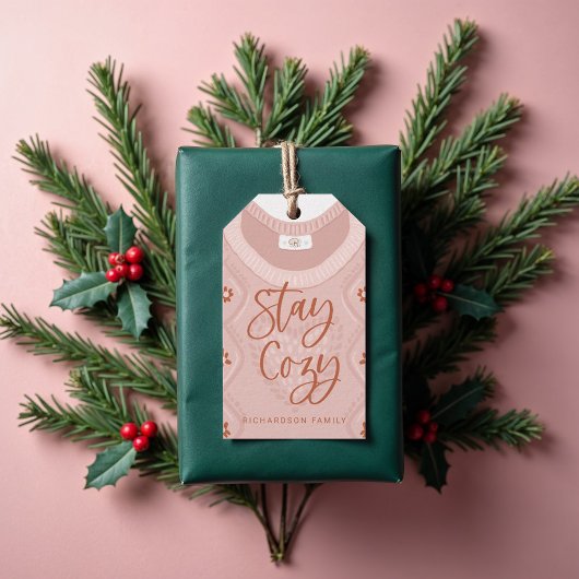 ステイ居心地の良いピンクウィンターセーターモノグラムファミリー ギフトタグ