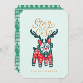 ステイ・コージー |ブルドッグフランスのトナカイのクリスマス シーズンカード (正面/裏面)