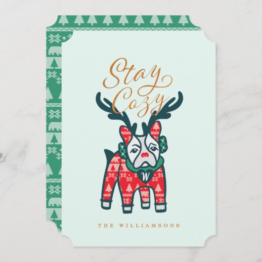 ステイ・コージー |ブルドッグフランスのトナカイのクリスマス シーズンカード (正面/裏面)