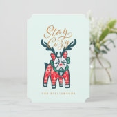 ステイ・コージー |ブルドッグフランスのトナカイのクリスマス シーズンカード (スタンド正面)