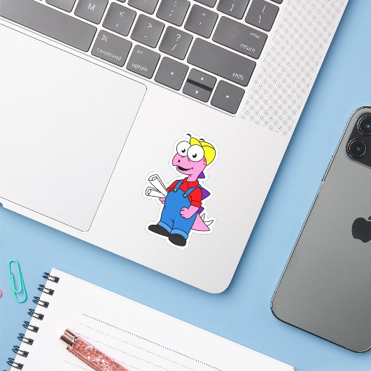 ステゴサウルス建築労働者のイラストレーション。 シール (ノートパソコンとiPhone)