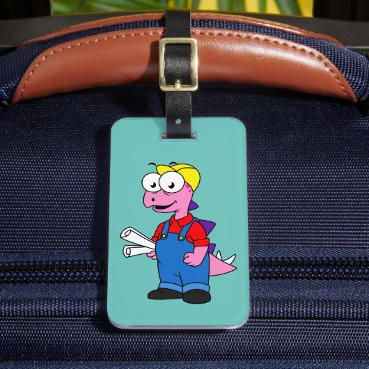 ステゴサウルス建築労働者のイラストレーション。 ラゲッジタグ (正面インサイチュ2)