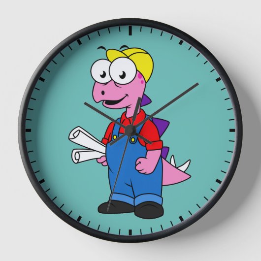 ステゴサウルス建築労働者のイラストレーション。 壁時計 (正面)