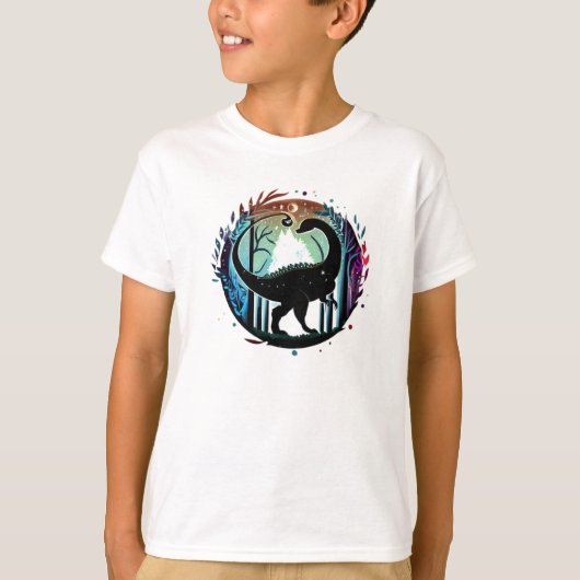 ステゴサウルス恐竜の森シルエットデザイン Tシャツ (正面)