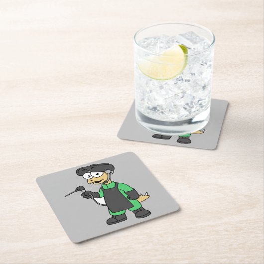 ステゴサウルス溶接機のイラストレーション。 スクエアペーパーコースター (インサイチュ)